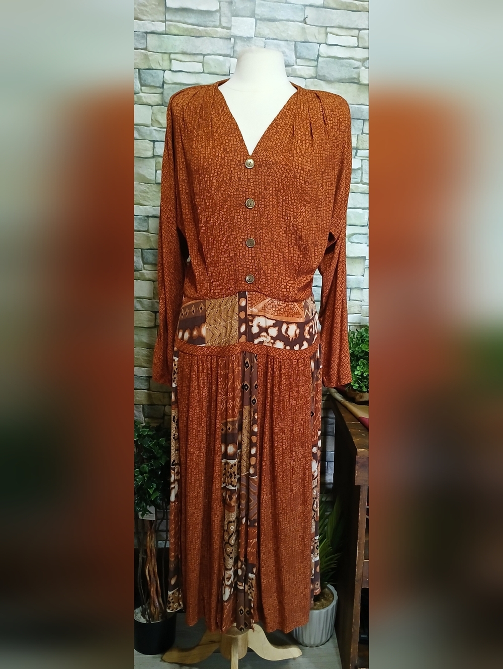 Vintage Long Sleeved Maxi Dress Boho Vibes Abstract Cottagecore